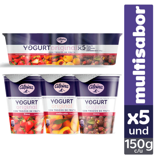 Yogurt Alpina Original Surtido 5Und Con Trozos De Fruta x150g c/u (750g)