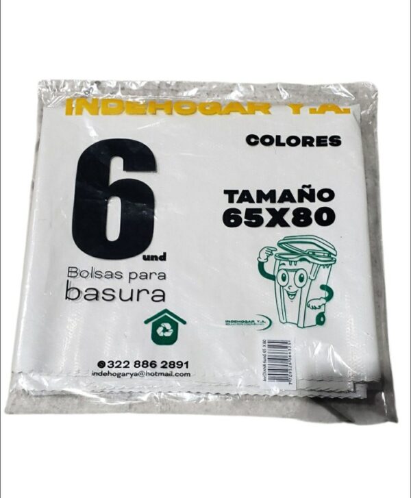 Bolsa Plastica IndeHogar 6und Color (Blanco, Verde, Rojo) 65x80cm