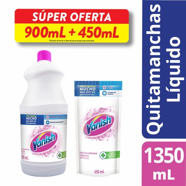 Desmanchador Vanish Para Ropa Blanca Botella x900ml + Repuesto x450ml