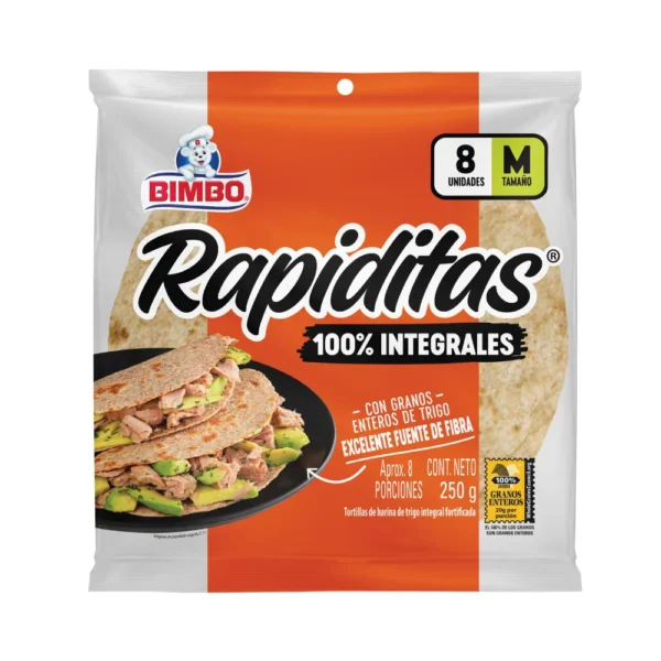 Tortillas Bimbo Rapiditas 100% Integrales 8unds M x250g