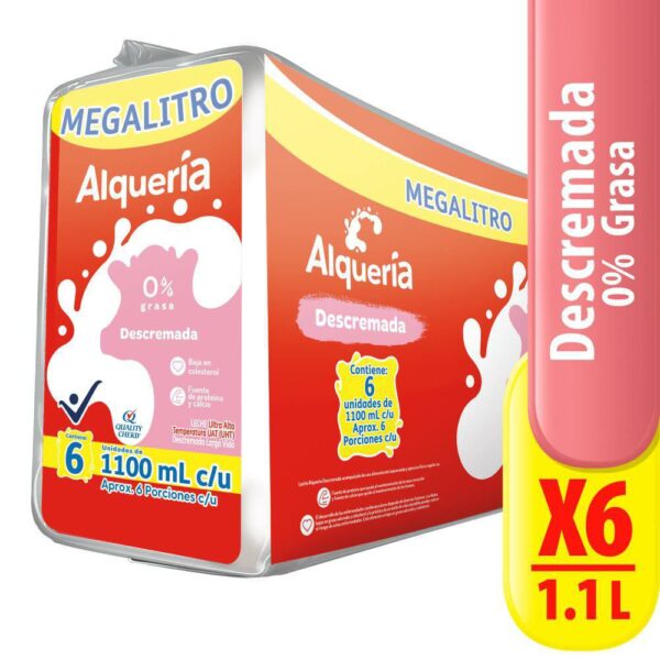 Six Pack Leche Alqueria Descremada 0% Grasa 6 und ×1100ml c/u